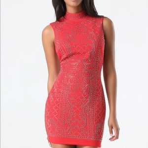 BEBE EMBELLISHED MOCK NECK DRESS